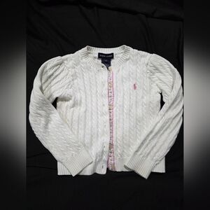 Ralph Lauren White Cable Knit Cardigan with Pink Logo